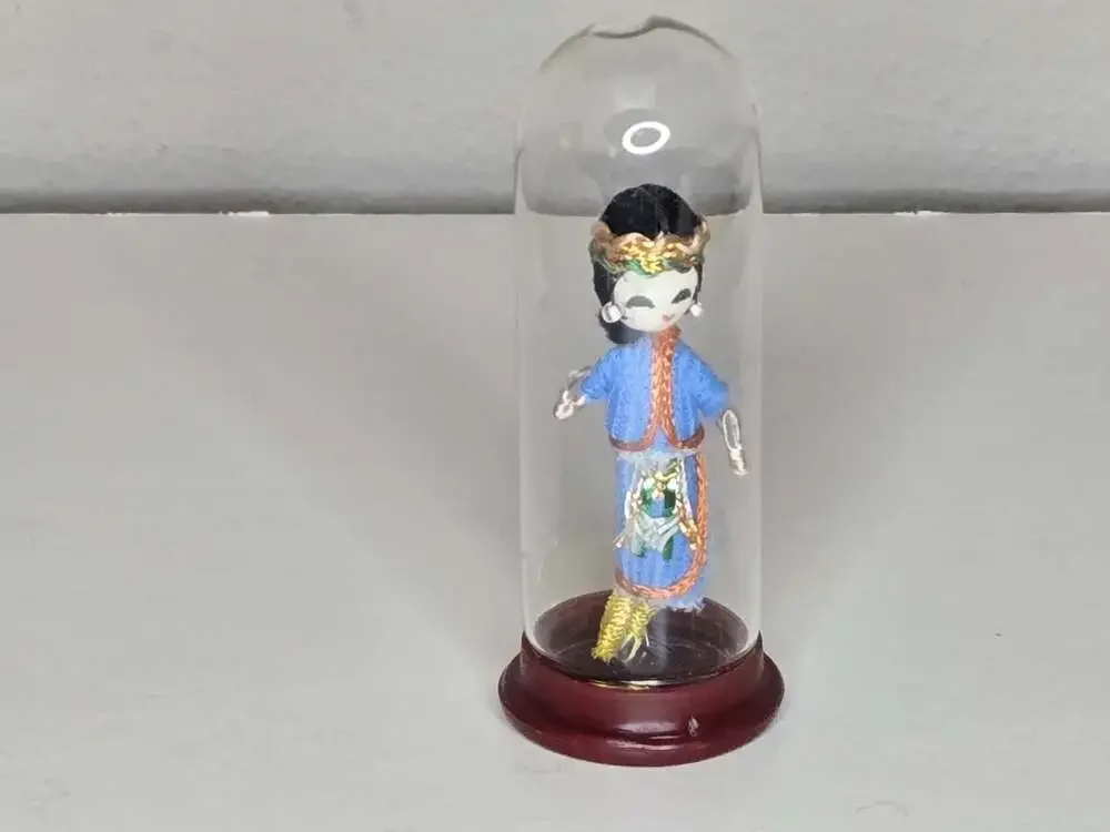 Vintage Miniature Asian Doll in Glass Cloche Dome Figurine Taiwan